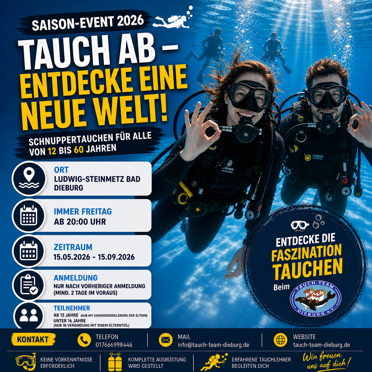 Drei Taucher, darunter eine Frau, in Tauchausrüstung vor einem blau beleuchteten Hintergrund. Das Bild ist ein Flyer für ein Tauchevent.